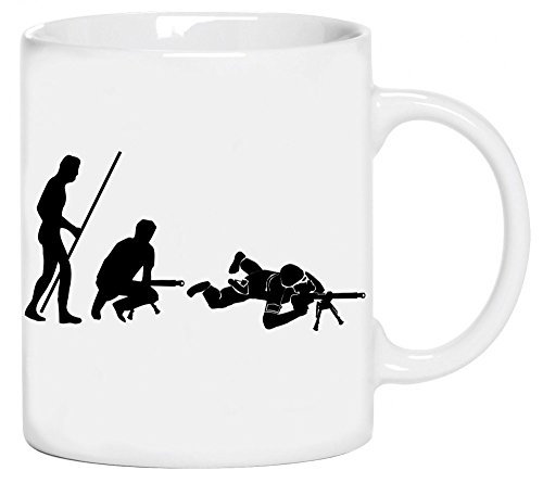 Coole-Fun-T-Shirts Evolution Sniper ! Scharfschütze ! Sportschütze Becher Weiss Kaffeetasse von Coole-Fun-T-Shirts