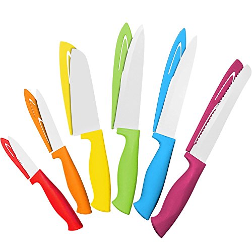 12 teiliges buntes messerset - 6 küchenmesser mit 6 klingenabdeckungen – kochmesserset mit brot-, tranchier-, santoku-, universal- und schälmesser - farbiges messerset von Cooler Kitchen von Cooler Kitchen