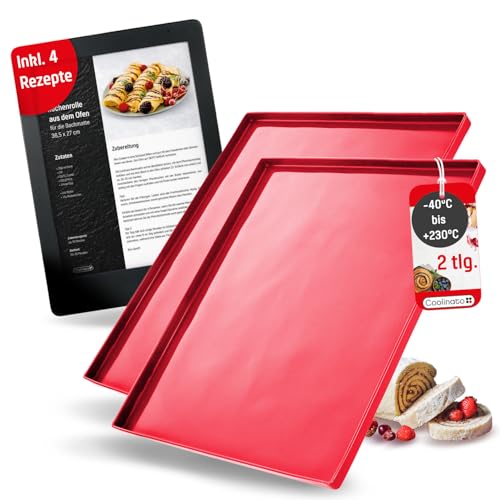 Coolinato - Silikon Backmatte mit Rand 2er Set Rot - Backunterlage aus Platinsilikon mit Rand 36,5x27x1cm - Backblech-Auflage mit Auslaufschutz backofenfest bis 230°C & antihaft inkl. 4 Rezepten von Coolinato