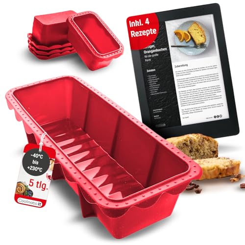 Coolinato 5er Set Silikon Kastenformen rechteckig, rot, 1x 31x13 cm und 4x 9x5,5 cm Silikonformen zum Backen von großen und kleinen Kuchen, inkl. 4 Rezepten von Coolinato