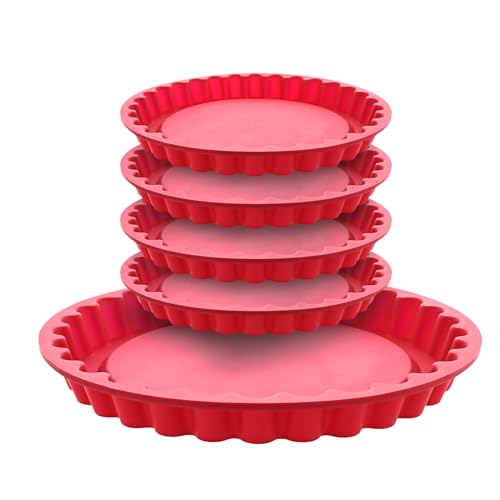 Coolinato 5er Set Silikon Tarteformen rund, Rot, 1x groß 4x klein, Silikonformen zum Backen von großen und kleinen Tarte Kuchen, inkl. 4 Rezepten von Coolinato