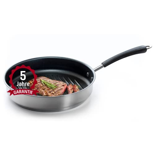 Coolinato Grillpfanne rund 26cm, Pfanne beschichtet für Induktion und andere Herde, Steakpfanne ofenfest spülmaschinengeeignet von Coolinato