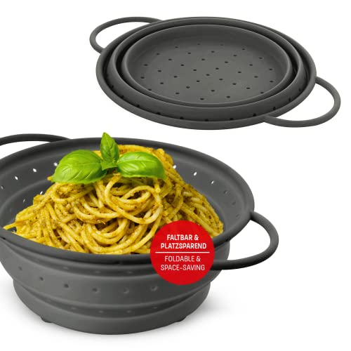 Coolinato – Sieb aus Silikon faltbar 24 cm Grau – Nudelsieb für Pasta, Gemüse & Obst - Küchensieb spülmaschinenfest, BPA-frei, & hitzebeständig bis 230°C - Platzsparendes Abtropfsieb zusammenklappbar von Coolinato