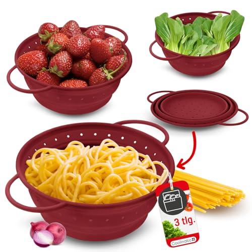Coolinato – Silikonsieb faltbar 3er Set 16/20/ 24cm Rot – Nudelsieb zum abseihen - Küchensieb spülmaschinenfest, BPA-frei, & hitzebeständig bis 230°C - Platzsparendes Abtropfsieb zusammenklappbar von Coolinato