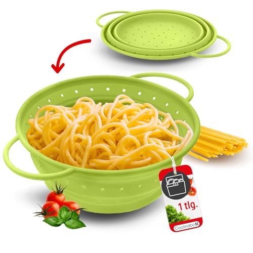 Coolinato – Sieb aus Silikon faltbar 24 cm Grün – Nudelsieb für Pasta, Gemüse & Obst - Küchensieb spülmaschinenfest, BPA-frei, & hitzebeständig bis 230°C - Platzsparendes Abtropfsieb zusammenklappbar von Coolinato