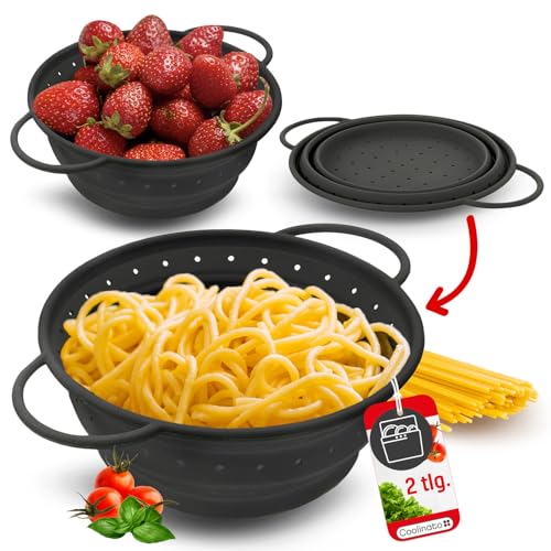 Coolinato – Silikonsieb faltbar 2er Set 20 & 24cm Grau – Nudelsieb zum abseihen - Küchensieb spülmaschinenfest, BPA-frei, & hitzebeständig bis 230°C - Platzsparendes Abtropfsieb zusammenklappbar von Coolinato
