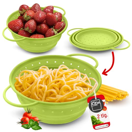 Coolinato – Silikonsieb faltbar 2er Set 20 & 24cm Grün – Nudelsieb zum abseihen - Küchensieb spülmaschinenfest, BPA-frei, & hitzebeständig bis 230°C - Platzsparendes Abtropfsieb zusammenklappbar von Coolinato