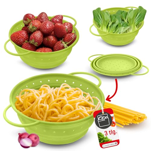 Coolinato – Silikonsieb faltbar 3er Set 16/20/ 24cm Grün – Nudelsieb zum abseihen - Küchensieb spülmaschinenfest, BPA-frei, & hitzebeständig bis 230°C - Platzsparendes Abtropfsieb zusammenklappbar von Coolinato
