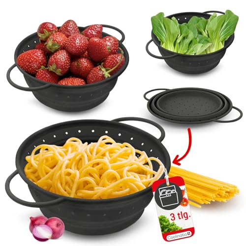 Coolinato – Silikonsieb faltbar 3er Set 16/20/ 24cm Grau – Nudelsieb zum abseihen - Küchensieb spülmaschinenfest, BPA-frei, & hitzebeständig bis 230°C - Platzsparendes Abtropfsieb zusammenklappbar von Coolinato