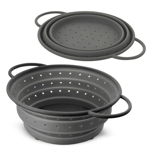 Coolinato – Sieb aus Silikon faltbar 24 cm Grau – Nudelsieb für Pasta, Gemüse & Obst - Küchensieb spülmaschinenfest, BPA-frei, & hitzebeständig bis 230°C - Platzsparendes Abtropfsieb zusammenklappbar von Coolinato