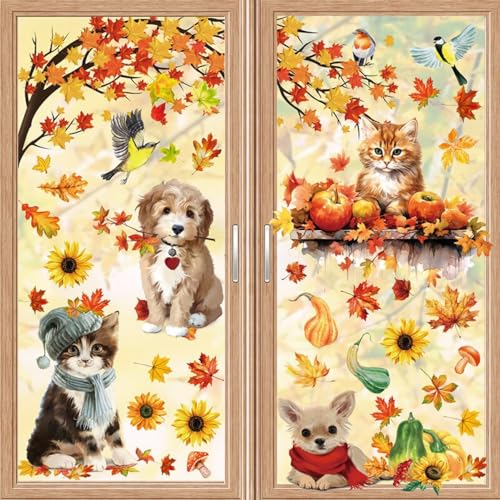 Thanksgiving Herbst Aufkleber 9 Blatt Herbst Deko Katze Kürbis Blätter Fensterbilder Wiederverwendbare Herbstblätter,Doppelseitiger Druck Glas Fenster Display Thanksgiving Herbstdekorationen von Coolon