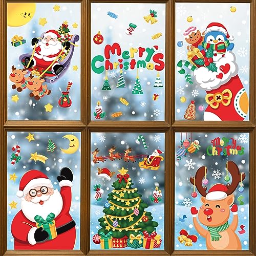 Weihnachten Fenstersticker，Fensterbilder weihnachten Doppelseitige Weihnachtsfensteraufkleber Dekorationen für Glasfenster- Selbstklebende PVC -Aufkleber (Weihnachtsmann Elch Fenster Aufkleber) von Coolon