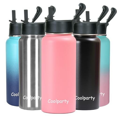 Coolparty Edelstahl-Wasserflasche mit Strohhalm 1L isolierte Wasserflaschen 32oz heißes kaltes Thermalwasser Kolben Doppelwandige Metall-Wasserflasche 1 Liter für Sport Camping von Coolparty