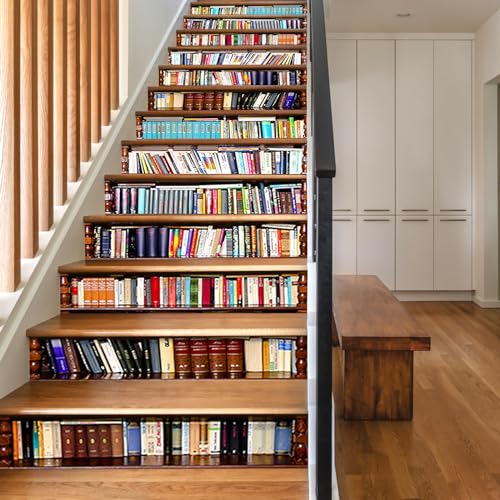 Cooltto 3D Vintage-Bücherregal Treppenaufkleber Selbstklebende Aufkleber Treppe Dekorative Aufkleber Treppenfolie DIY Treppen Aufkleber Vinyl PVC für Treppenhaus Zuhause Dekoration 13 Stück 18x100cm von Cooltto