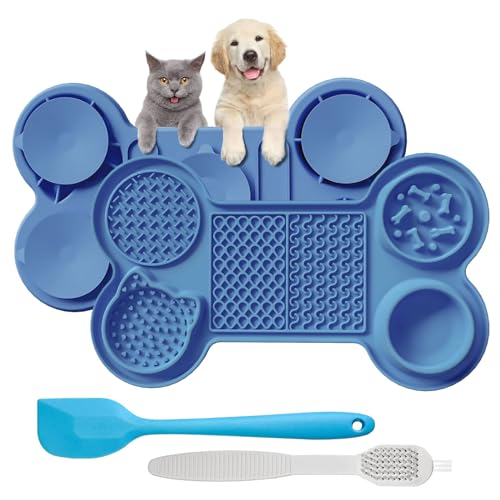 Cooltto 6 in 1 Schleckmatte Hund Katze Silikon Leckmatte Hund mit Spachtel und Pinsel Futtermatten mit Saugnapf Slow Feeder Matte Haustier für Hunde Baden Trainieren Fellpflege (Blau, 37.8x22.3x4cm) von Cooltto