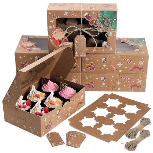 Coolty 20 Stück Cupcake Boxen 6 Löcher Karton Verpackung Boxen Bäckerei Gebäck Boxen mit Fenster und Einsätze für Cookies Muffins Cupcakes Desserts Torten (Brauner Weihnachtsstil) von Coolty