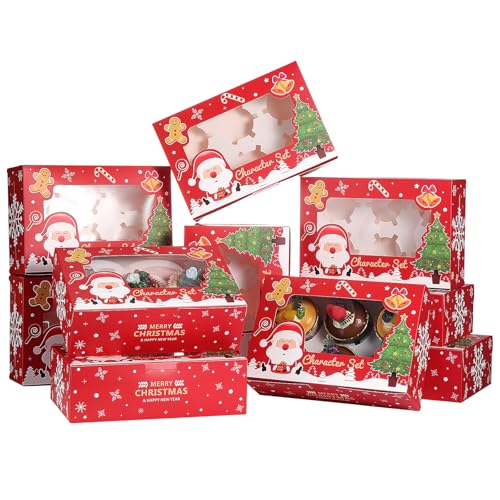 Coolty 20 Stück Cupcake Boxen 6 Löcher Karton Verpackung Boxen Bäckerei Gebäck Boxen mit Fenster und Einsätze für Cookies Muffins Cupcakes Desserts Torten (Rot Weihnachtsstil) von Coolty