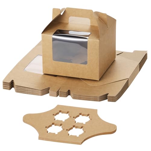 Coolty 25 Stück Cupcake Boxen 4 Löcher Karton Verpackung Boxen Bäckerei Gebäck Boxen mit Griff für Cookies Muffins Cupcakes Desserts Torten (Braun) von Coolty