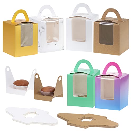 Coolty 30 Stück Cupcake Boxen 1 Löcher Karton Verpackung Boxen Bäckerei Gebäck Boxen mit Handgriff, Fenster und Einsätze für Cookies Muffins Cupcakes Desserts Torten (Mehrfarbig) von Coolty