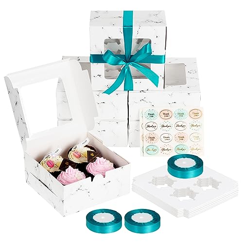 Coolty 30 Stück Cupcake Boxen 4 Löcher Karton Verpackung Boxen Bäckerei Gebäck Boxen mit Fenster und Einsätze für Cookies Muffins Cupcakes Desserts Torten (Marmor Weiß) von Coolty