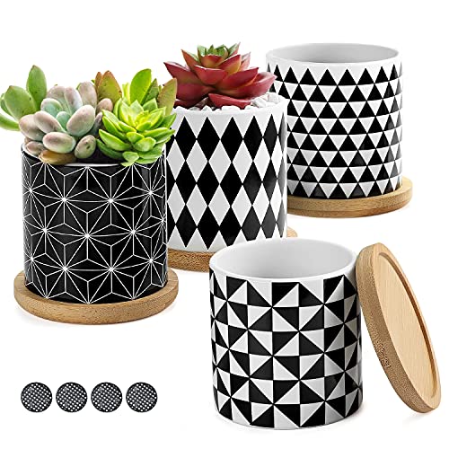 Coolty 4 Stück Keramik Sukkulenten Töpfe, 7cm Mini Kaktus Pflanze, Geometrische Muster Mit Netz Pad und Bambus Tablett für Home Offices Schreibtisch Bücherregal Dekoration von Coolty