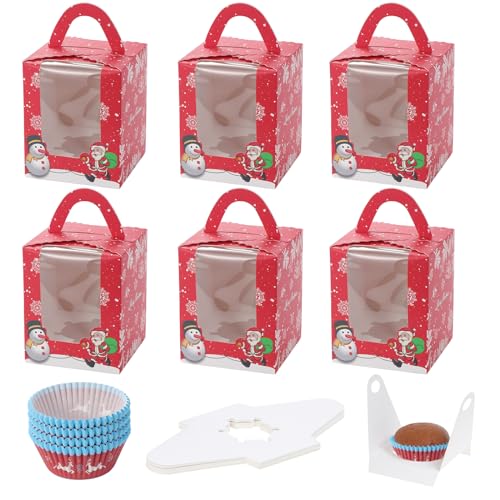 Coolty 50 Stück Cupcake Boxen 1 Löcher Karton Verpackung Boxen Bäckerei Gebäck Boxen mit 100 Stück Cupcake Förmchen für Cookies Muffins Cupcakes Desserts Torten (Red Chrismas Style) von Coolty