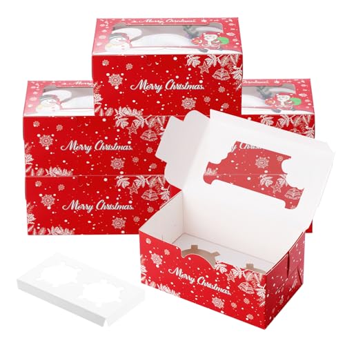 Coolty 50 Stück Cupcake Boxen 2 Löcher Karton Verpackung Boxen Bäckerei Gebäck Boxen mit Fenster und Einsätze für Cookies Muffins Cupcakes Desserts Torten (2 Holes-Red Chrismas Style) von Coolty