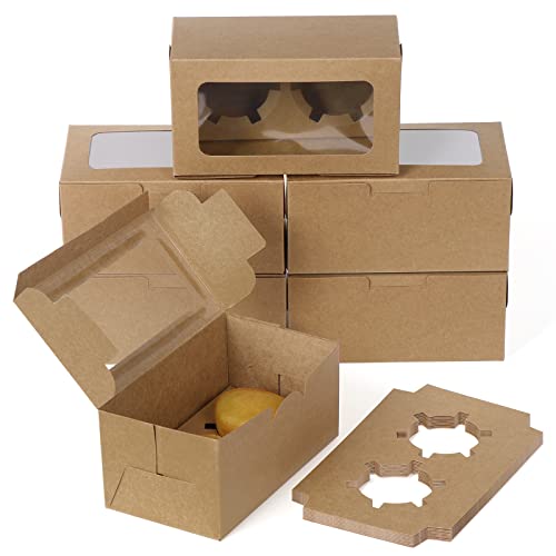 Coolty 50 Stück Cupcake Boxen 2 Löcher Karton Verpackung Boxen Bäckerei Gebäck Boxen mit Fenster und Einsätze für Cookies Muffins Cupcakes Desserts Torten (Braun) von Coolty