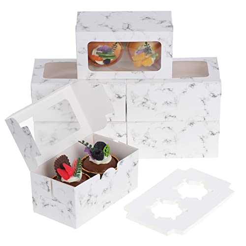 Coolty 50 Stück Cupcake Boxen 2 Löcher Karton Verpackung Boxen Bäckerei Gebäck Boxen mit Fenster und Einsätze für Cookies Muffins Cupcakes Desserts Torten (Marmor Weiß) von Coolty