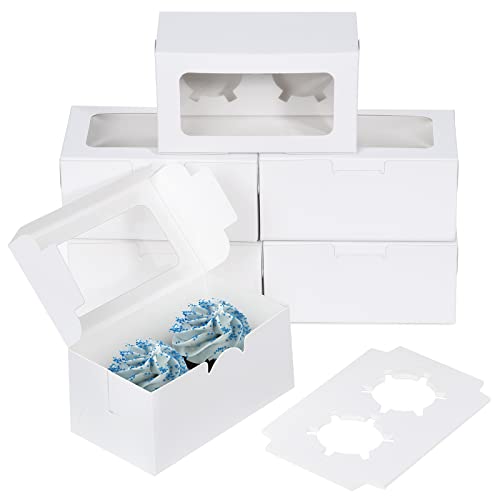 Coolty 50 Stück Cupcake Boxen 2 Löcher Karton Verpackung Boxen Bäckerei Gebäck Boxen mit Fenster und Einsätze für Cookies Muffins Cupcakes Desserts Torten (2 Löcher-Weiß) von Coolty