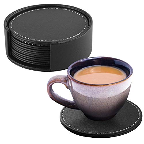 Coolty 6 Stück Untersetzer PU Leder Getränke Untersetzer Runde Schwarze Matte Untersetzer mit Halter für Innen und Außenküche Schützen Sie Ihre Möbel vor Flecken von Coolty