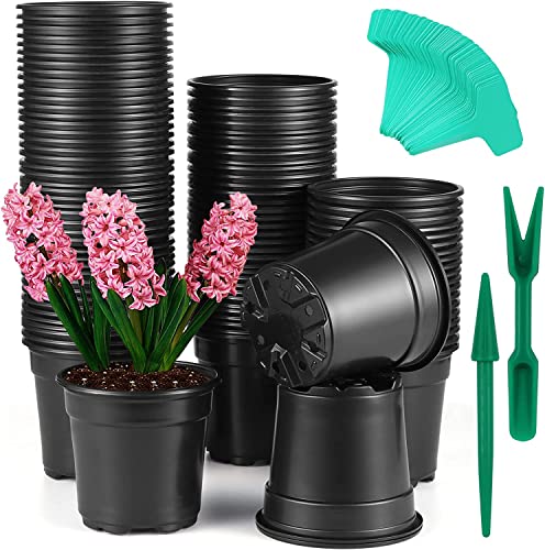 Coolty 80 Stück Anzucht-Topf Kunststoff Pflanztöpfe Setzlinge Baumschul Töpfe zur Vor-Zucht geeignet mit Pflanzenetiketten und 1 Set Mini Werkzeuge zum Umpflanzen, Schwarz (5 Inch) von Coolty