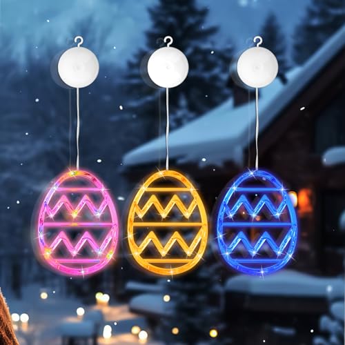 3 Stück Ostern Dekoration LED Fenster Lichter,Ostereier-Hängelampen,Ostereier zum aufhängen deko Ostern Osterdekorationen mit Saugnäpfen, Batteriebetrieben[Energieklasse A+++] von Coomir