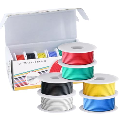 Coomoors 26 AWG Elektrisches Draht-Set 26 Gauge Silikon Elektrodraht verzinntes Kupferkabel 6 Farben 7 Meter pro Elektrokabel Hakendraht flexibel und weich für DIY von Coomoors