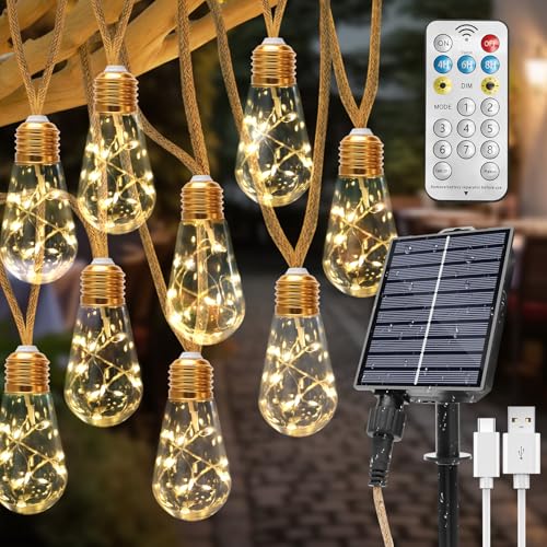 Coomoors Solar Lichterkette Aussen, 8M 16 Glühbirnen 8 Modi Solarlichterkette Outdoor Wasserdicht IP65 Lichterkette Außen Solar für Garten, Terrasse, Balkon, Hochzeit, Bäume, Warmweiß von Coomoors