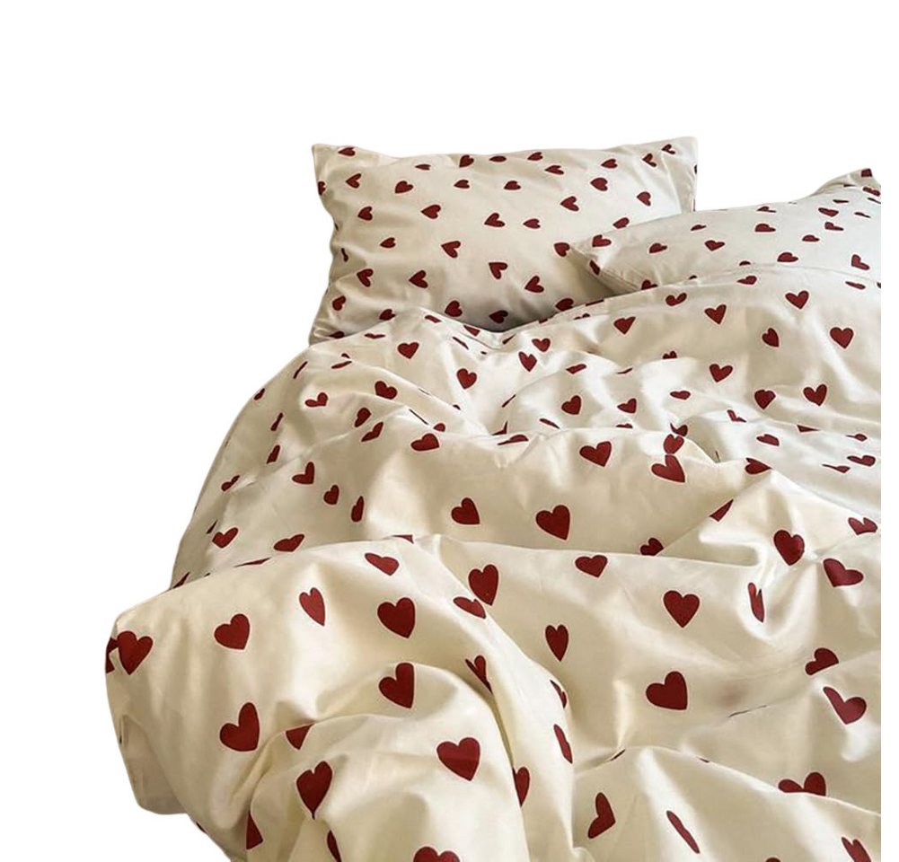 Coonoor Bettwäsche mit Herz Rot Weiß Aesthetic Bettbezug Set Microfaser Weiß, 1x Bettlaken (200*230cm), 4 teilig, mit Roten Herzen Bettwäsche und 2x Kissenbezüge 48x74cm von Coonoor