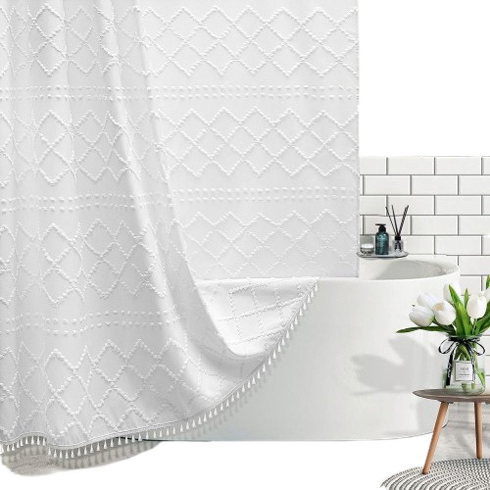 Coonoor Duschvorhang Waschbar Duschvorhang Wassertropf Polyester Wasserdicht Dusch Vorhang Breite 91 cm, Boho-Duschvorhang aus weißem Webstoff mit Quaste Coonoor Duschvorhang Waschbar Duschvorhang Wassertropf Polyester Wasserdicht Dusch Vorhang Breite 91 cm, Boho-Duschvorhang aus weißem Webstoff mit Quaste von Coonoor