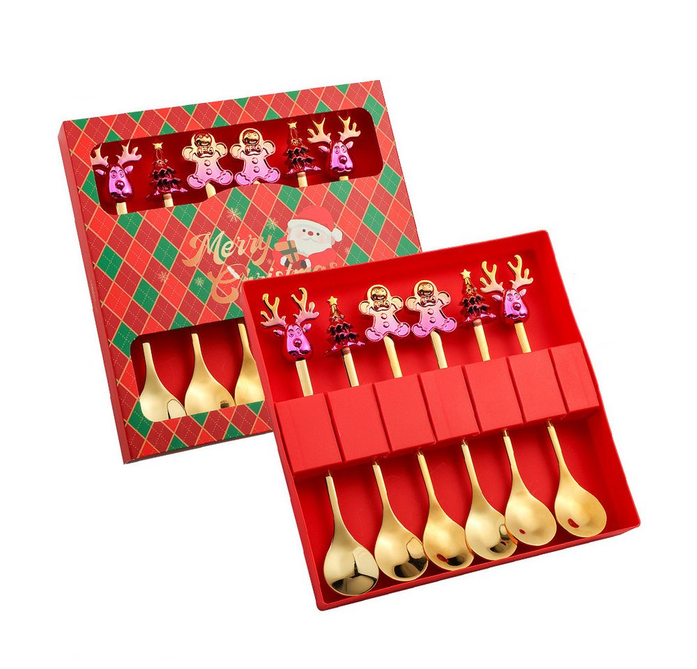 Coonoor Geschirr-Set 6 Stück Weihnachtslöffel Weihnachten Edelstahl Dessert Kaffeelöffel, Mit Weihnachtsbaum, Rentier, Weihnachtsmann und Lebkuchen dekoriert von Coonoor