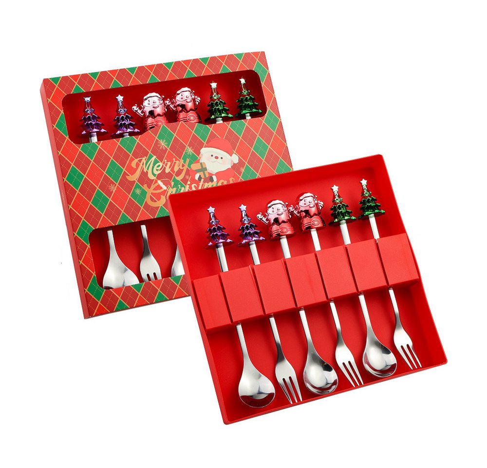 Coonoor Geschirr-Set 6 Stück Weihnachtslöffel Weihnachten Edelstahl Dessert Kaffeelöffel, Mit Weihnachtsbaum, Rentier, Weihnachtsmann und Lebkuchen dekoriert von Coonoor