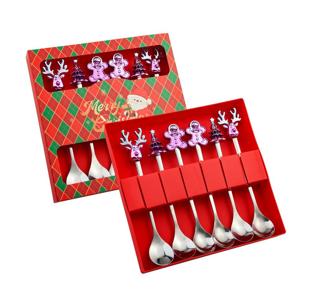 Coonoor Geschirr-Set 6 Stück Weihnachtslöffel Weihnachten Edelstahl Dessert Kaffeelöffel, Mit Weihnachtsbaum, Rentier, Weihnachtsmann und Lebkuchen dekoriert von Coonoor
