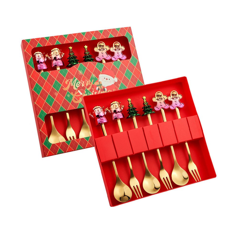 Coonoor Geschirr-Set 6 Stück Weihnachtslöffel Weihnachten Edelstahl Dessert Kaffeelöffel, Mit Weihnachtsbaum, Rentier, Weihnachtsmann und Lebkuchen dekoriert von Coonoor