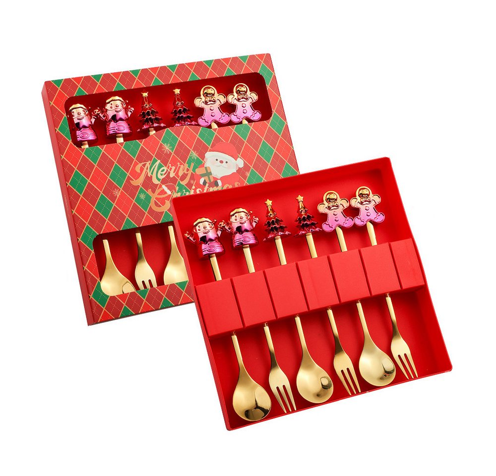 Coonoor Geschirr-Set 6 Stück Weihnachtslöffel Weihnachten Edelstahl Dessert Kaffeelöffel, Mit Weihnachtsbaum, Rentier, Weihnachtsmann und Lebkuchen dekoriert von Coonoor