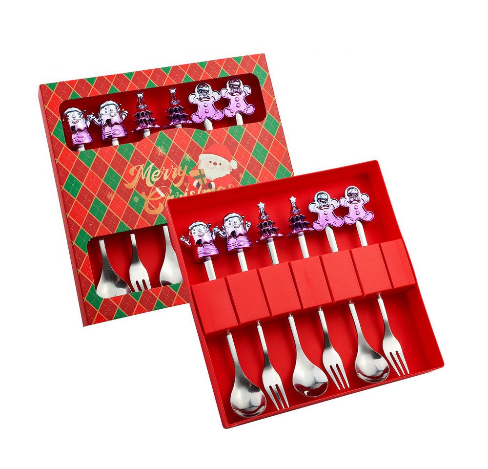 Coonoor Geschirr-Set 6 Stück Weihnachtslöffel Weihnachten Edelstahl Dessert Kaffeelöffel, Mit Weihnachtsbaum, Rentier, Weihnachtsmann und Lebkuchen dekoriert von Coonoor