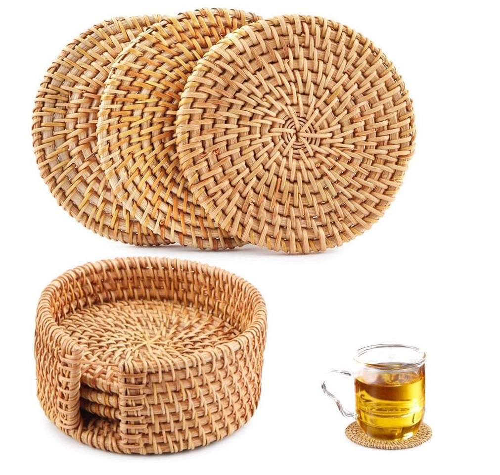 Coonoor Getränkeuntersetzer gewebte runde natürliche Rattan-Tassenmatten mit Halter 6er Set von Coonoor