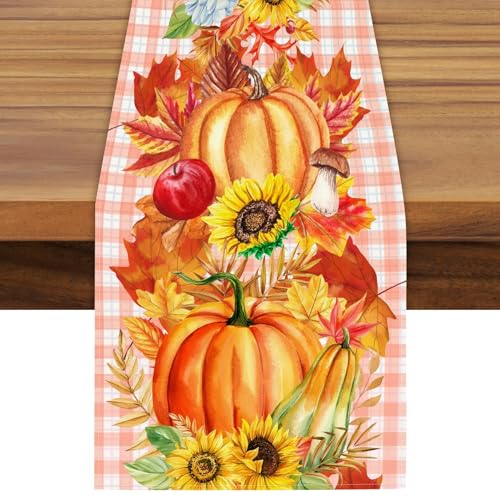 Coonoor Helle Herbst Kürbis Sonnenblume Kariert Tischläufer - Saisonnal Küche Tisch Dekoration, Ahornblatt Tischläufer, Dauerhaft Tischdecke Urlaub Party Dekorationen(Stil 3, 33 x 183 cm, Tischläufer) von Coonoor