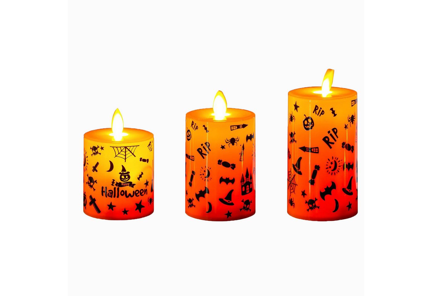 Coonoor LED-Kerze Halloween LED-Kerzen im 3er-Pack – Flammenlose Pillar-Kerzen (3-tlg), mit warmem Licht und gruseligen Dekoren wie Schloss von Coonoor