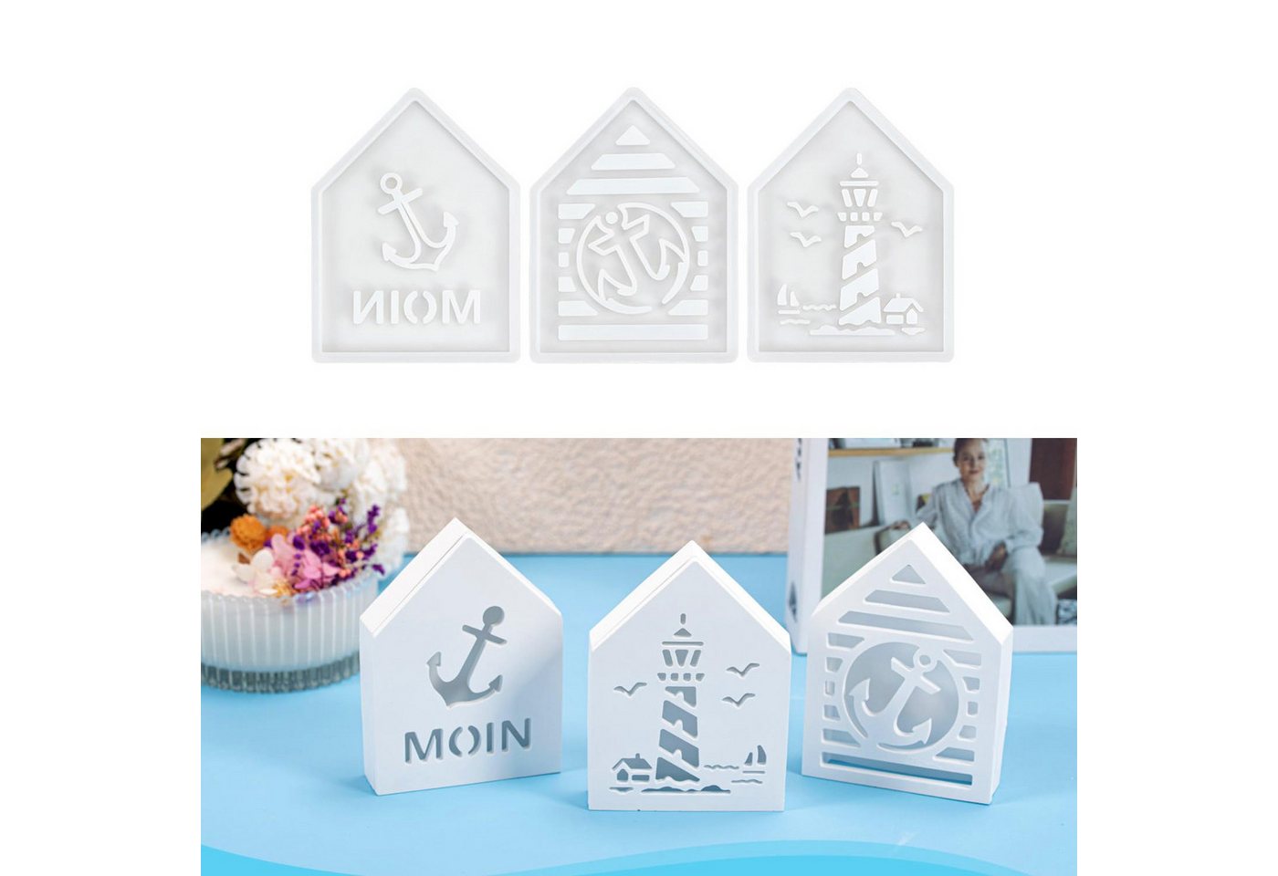 Coonoor Modellierwerkzeug Silikonformen Gießformen, Silikonform Haus Leuchtturm Maritim Anker, (3 St), Kerzen Gießen für Bastelarbeiten von Coonoor