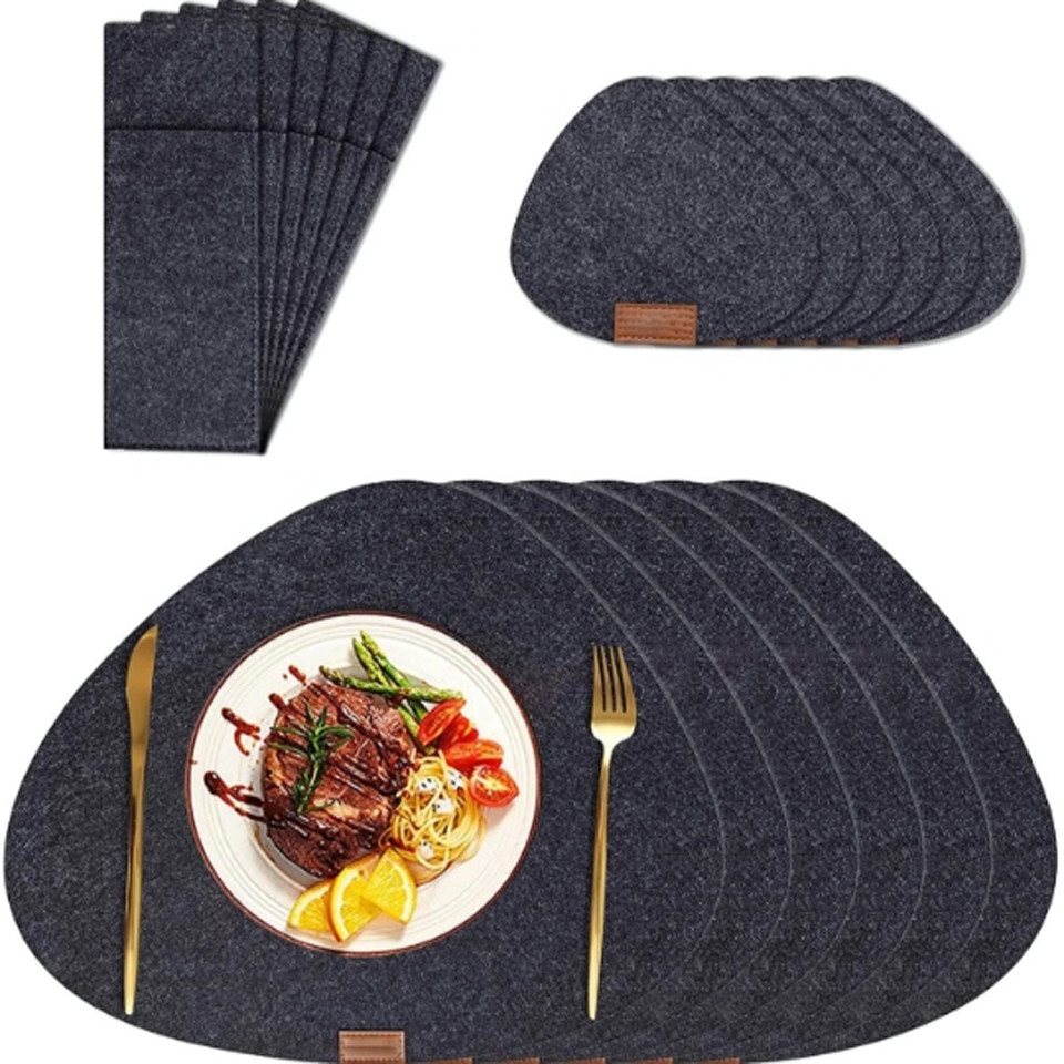 Coonoor Platzset 12-teiliges Premium Filz Tischse - Oval inkl. Untersetzer I Platzset, (12-St), I Bestecktasche, Tischsets Abwaschbar rutschfest Platzdeckchen von Coonoor