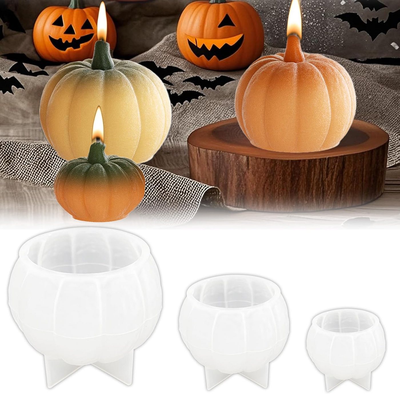 Coonoor Silikonform 3 Stück Kürbis Silikonformen Kerzen,3D Silikonformen Gießformen, (Halloween DIY Kürbis Silikonformen Kerzenform 3-tlg), für Duftkerze Handgefertigte Seife Herbstdeko Erntedankfest Halloween von Coonoor