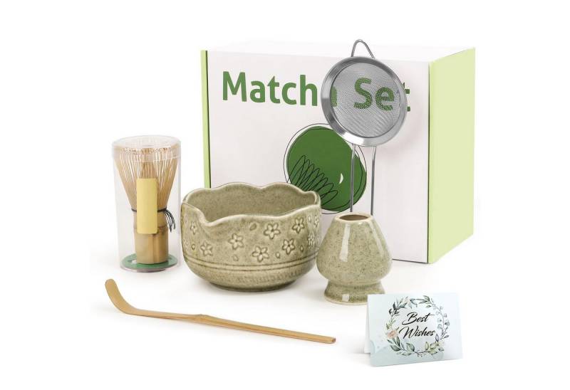 Coonoor Teeservice Premium Matcha Tee Set Teezubereitung, Teezeremonie Ausrüstung (5-tlg), mit Keramikschale, Edelstahlsieb, Löffel & Whisk Halter von Coonoor